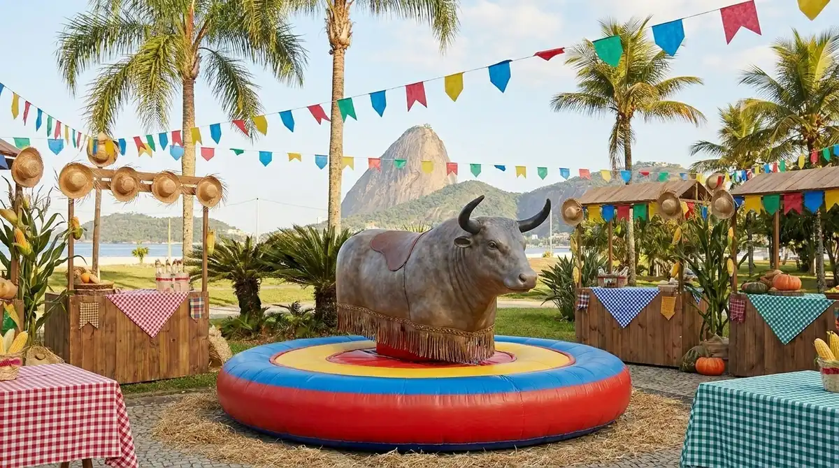 Calendário de festa junina no Rio de Janeiro em junho 2026 com bandeirinhas e quadrilha