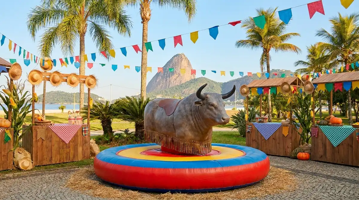 Festa em condomínio no Rio de Janeiro em dia de sol com touro mecânico montado