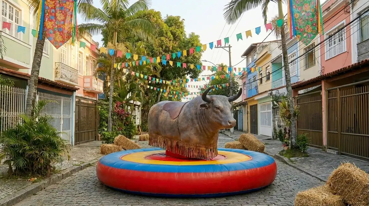 Festa em janeiro no Rio com touro mecânico em pátio com sombra