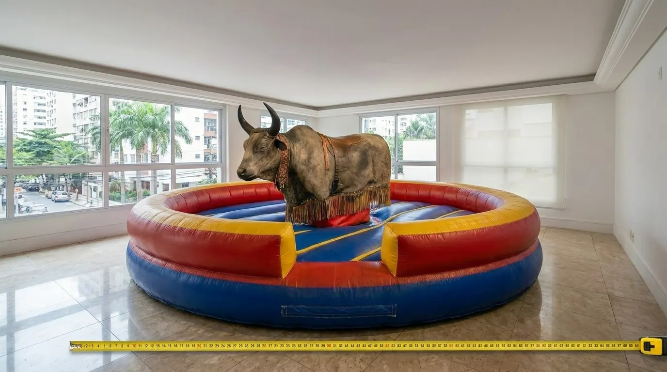 Salão de festas em apartamento do Rio com touro mecânico infantil instalado