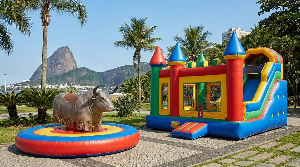 Comparação visual entre touro mecânico profissional e touro inflável de festa